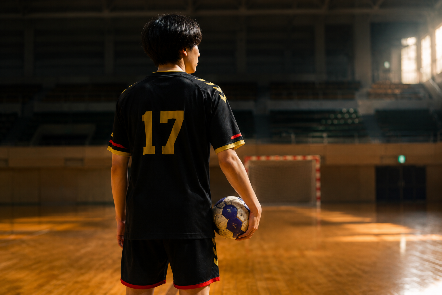 体育館でボールを手に、次のステージを見つめる背番号17の選手